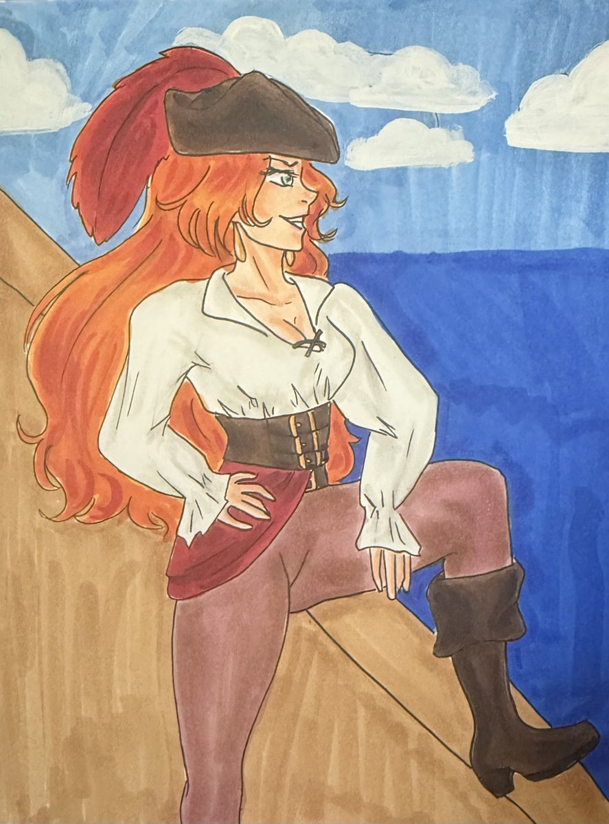 OwlPixelated's tweet photo. Day four. I’m not great at backgrounds let’s be real but I suppose there was an attempt. Anyways enjoy pirate lady. Done with Strathmore marker paper, Faber Castell fineliners, copic markers and delter white 2 ink. 

#pixelsarttober #pixelsarttober2025 https://t.co/DYtcLmlR3i