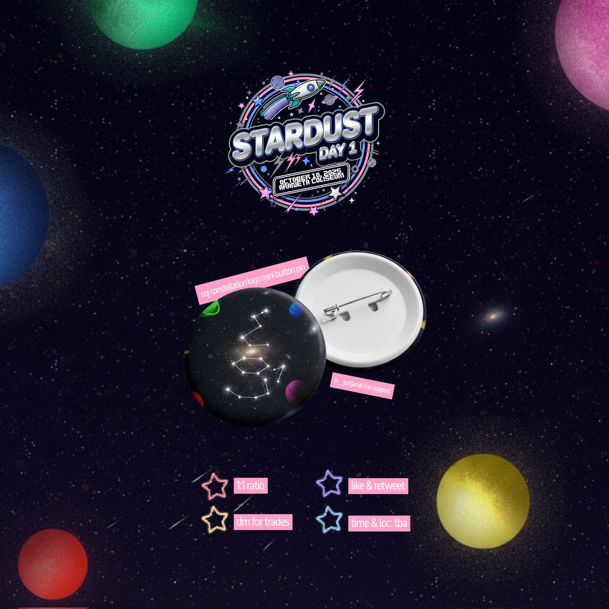 __justjanah's tweet photo. ✮ STARDUST: The Concert Freebies ✮
ᝰ.ᐟ mini button pin fan support 
         by : @__justjanah

𖤐 for day 1 joewahs
𖤐 1:1 ratio 
𖤐 like &amp; rt 
𖤐 dm for trades
𖤐 time &amp; loc: tba
𖤐 tag me when u post it hehe

#COJStardustTheConcert
#SandaliCOJ @cupofjoemusic
༝༚༝༚ https://t.co/hd2qzhW308
