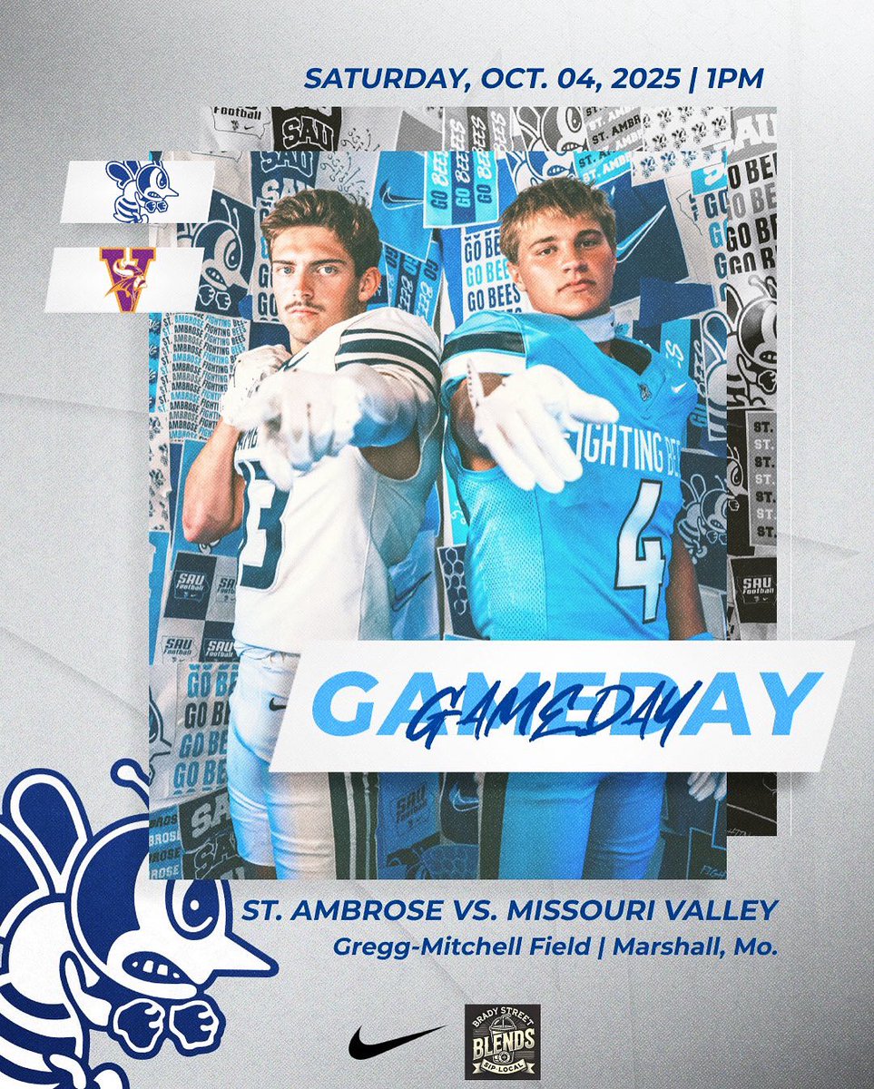 FightingBeesFB's tweet photo. 🔥 IT’S GAMEDAY!!!! 🔥
🐝 St. Ambrose Fighting Bees

⚔️ vs Missouri Valley
📍 Marshall, MO. | 🏟 Gregg-Mitchell Field
⏰ 1PM CST
🎥 Watch Live: https://t.co/fgHv8Lvxvj

🐝🏈 #BringTheSting | #GoBees https://t.co/8nF2aJnih1