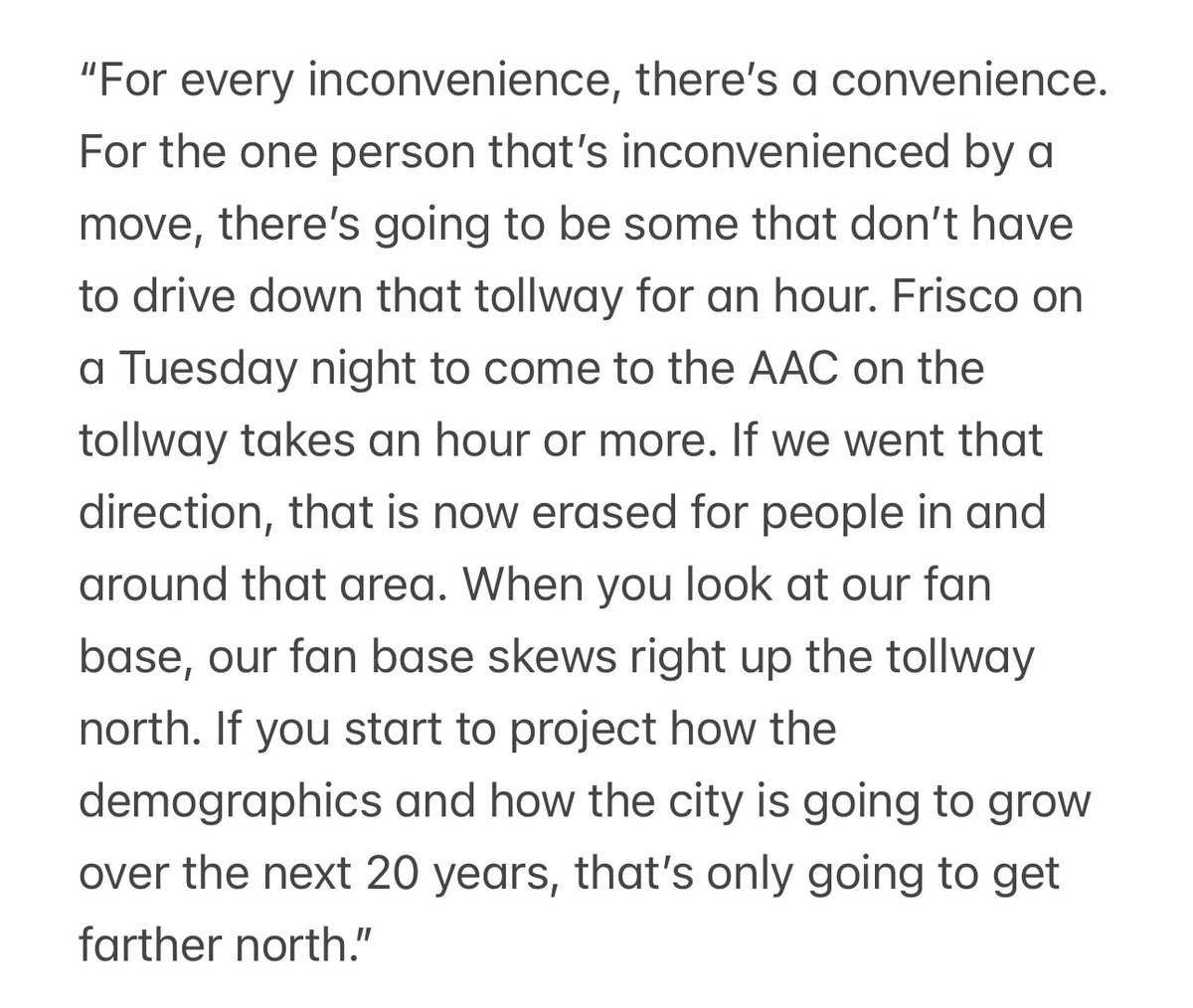 Lassimak's tweet image. I’ve seen a lot of Stars fans make the argument that a move to the suburbs would alienate a large portion of the fan base. 

I asked Stars President/CEO Brad Alberts about this directly last night. 

Here was his response: