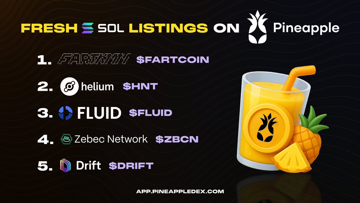 PineappleDex's tweet image. Solana wave just hit Pineapple, don’t miss the first listings🍍

Trade every Solana gem on Pineapple DEX - zero fees, lowest gas, maximum juice: app.pineappledex.com

The gates are open - here’s your first wave of Solana listings ready to trade:

💨 @FartCoinOfSOL 
Because…