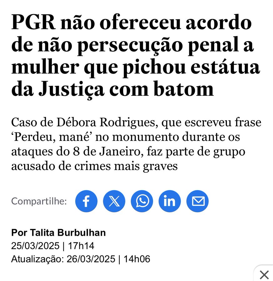 Vocês lembram que no começo do ano a esquerda espalhou a fake news que a Débora teria recebido uma proposta de acordo com uma pena menor do que 14 anos?

Espalharam as fake news sem dó e nem piedade. E isso tudo para quê? Para assassinar a reputação de uma qualquer, que cometeu o