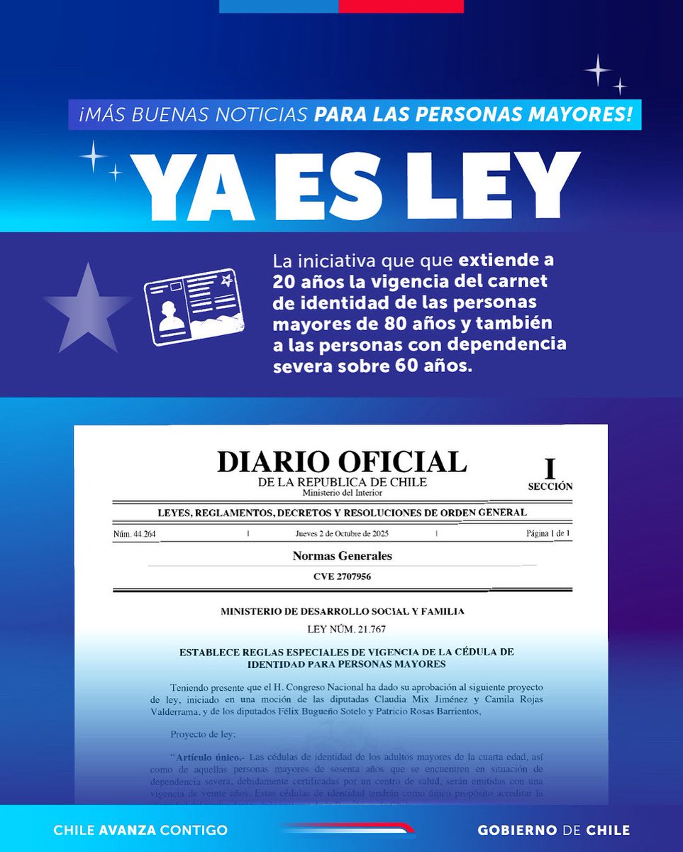 ¡Ya es ley! 📜

 ¿Eres persona mayor o conoces a alguna? ¡Atención! Esta información es para ti. 🙌🏼

Esta semana se publicó en el Diario Oficial la iniciativa que extiende a 20 años la vigencia del carnet de identidad de las personas mayores de 80 años y también a las personas