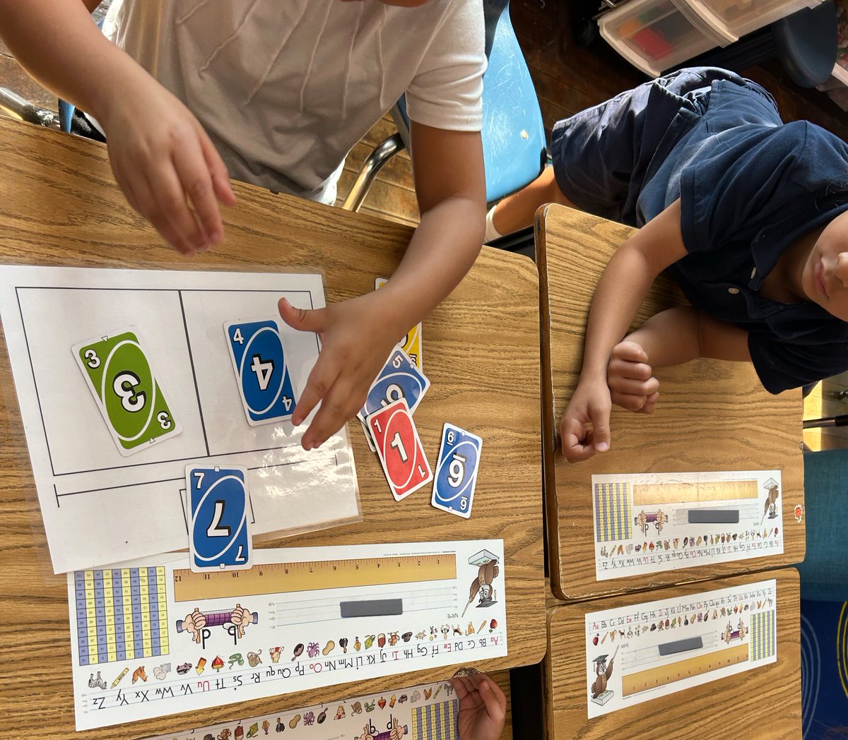 Ms_DGroh's tweet image. Using our part-part-whole mats to build our math fluency and understand the equal sign! 🧠Part + part = whole 💡 Stufents worked together to create equations for each other to solve using uno cards! #firstgrade #math #firstgrademath