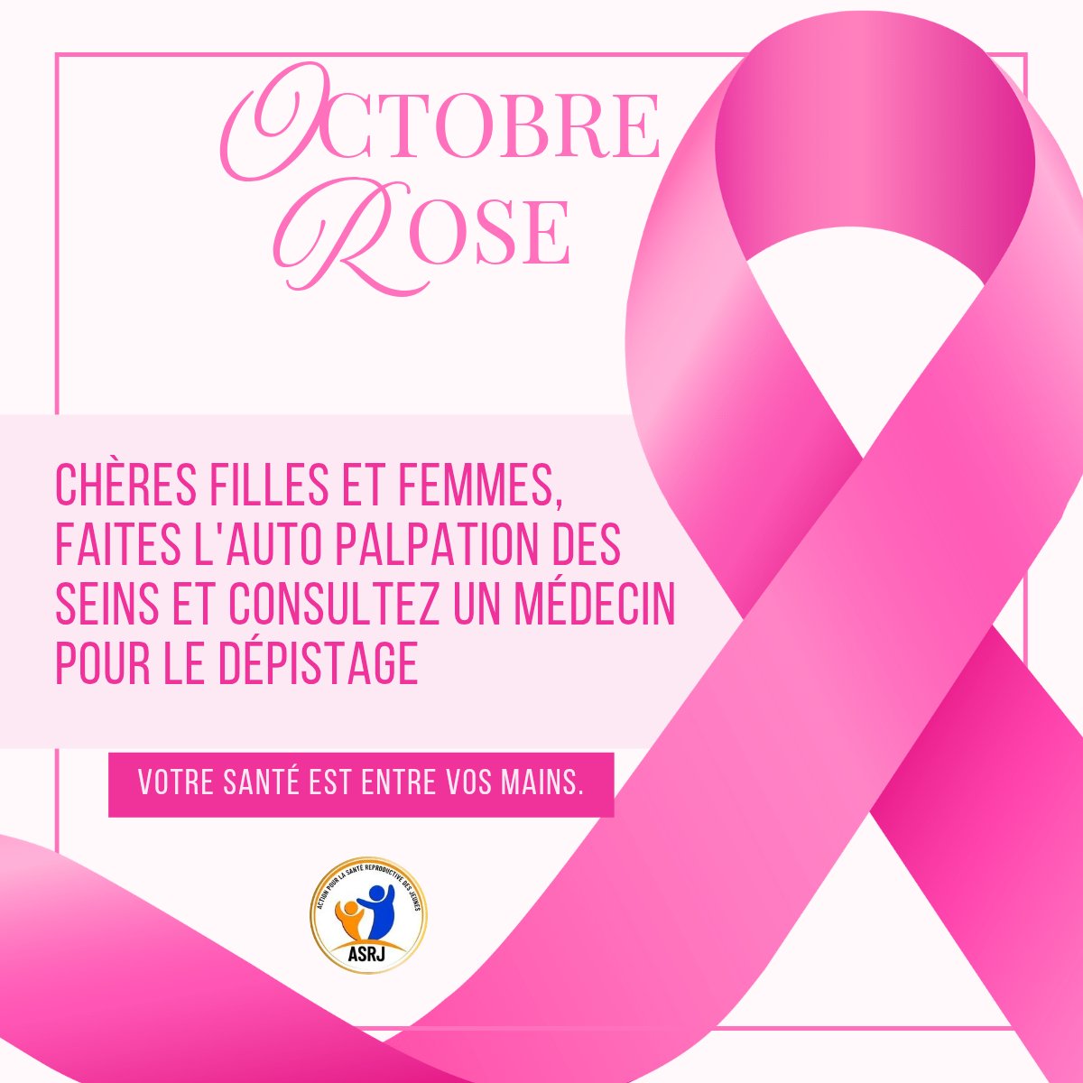 Votre santé est entre vos mains. 

Des gestes simples comme autopalpation des seins , consultation auprès d'un médecin pour dépistage peuvent prévenir et faire la différence.

@asrjrdcongo 

#StopCancerSeins