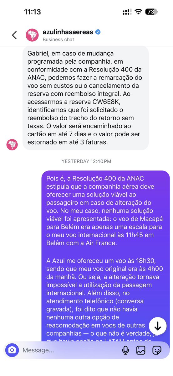 GabrielLi76748's tweet photo. @azulinhasaereas alterou meu voo e ofereceu uma “solução” que inviabilizou completamente minha viagem — chegando em Belém depois do meu voo internacional já marcado.
Isso é inaceitável. A companhia não está cumprindo com suas responsabilidades previstas pela @ANACBrasil. #Azul https://t.co/PHDHZ8qJIm