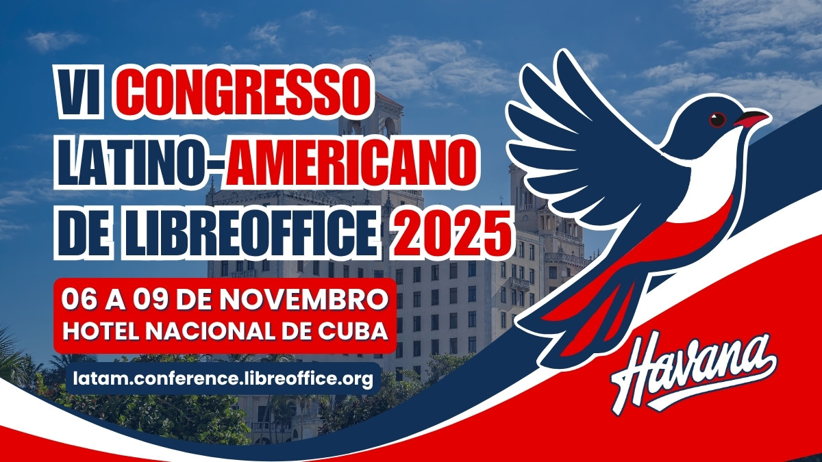 🌎 O LibreOffice vai a Havana, Cuba! 🇨🇺
De 6 a 9 de outubro, acontece o Congresso Latino-Americano de LibreOffice 2025, dentro do Cibersociedad 2025 💻
Um evento feito por voluntários, com apoio da UCI e da The Document Foundation.
💚 Leia: pt-br.blog.documentfoundation.org/2025/10/04/%f0…