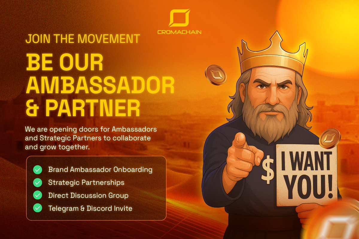 Cromachain's tweet image. JOIN THE MOVEMENT – BE OUR AMBASSADOR &amp;amp; PARTNER!

For the next 24 HOURS ONLY, CromaChain is opening the gates for Brand Ambassadors &amp;amp; Strategic Partners.
After that, doors will be closed forever. ❌
💡 Why become a CromaChain Ambassador?
✨ Exclusive early access to updates &amp;amp;…