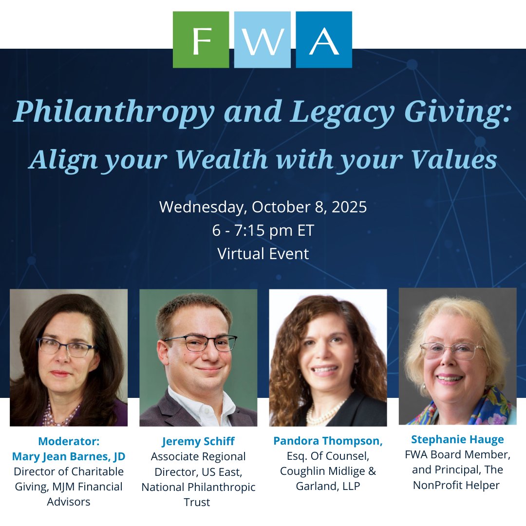 FWANY's tweet image. Just days away! Join us virtually on 10/8 for Philanthropy &amp;amp; Legacy Giving: Align Your Wealth with Your Values.

Hear from Mary Jean Barnes, Jeremy Schiff, Pandora Thompson, &amp;amp; Stephanie Hauge on impactful #giving, #taxchanges, and #legacyplanning: bit.ly/4n0gCWR #Wealth