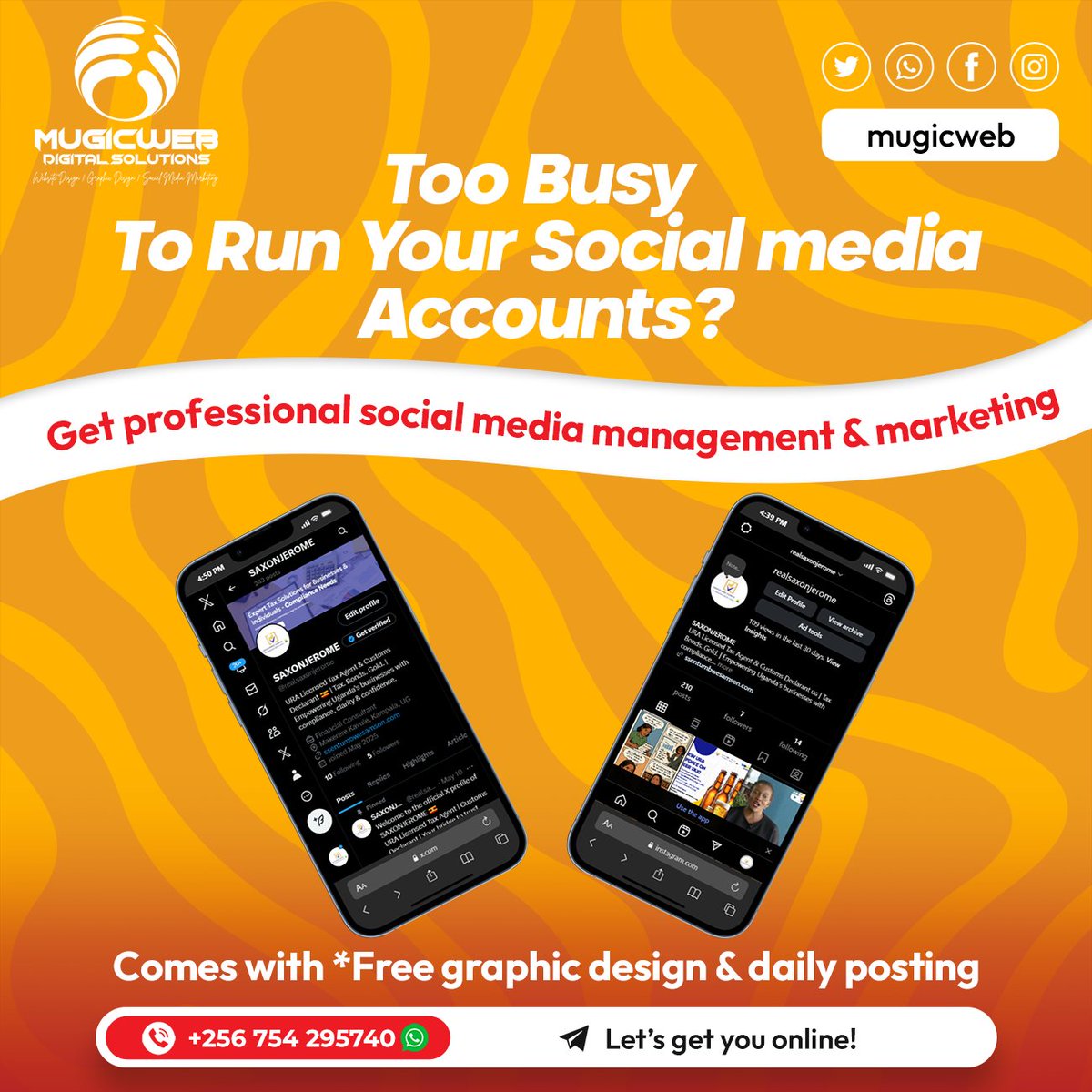 Mugicweb's tweet photo. Too busy to manage your social media pages? 😩📱
Let us handle it for you!
We offer professional social media management &amp; marketing — complete with free graphic design and daily posting to keep your brand active and growing. 🚀

#SocialMediaManagement #DigitalMarketingUG https://t.co/SkGAFOl3Ns