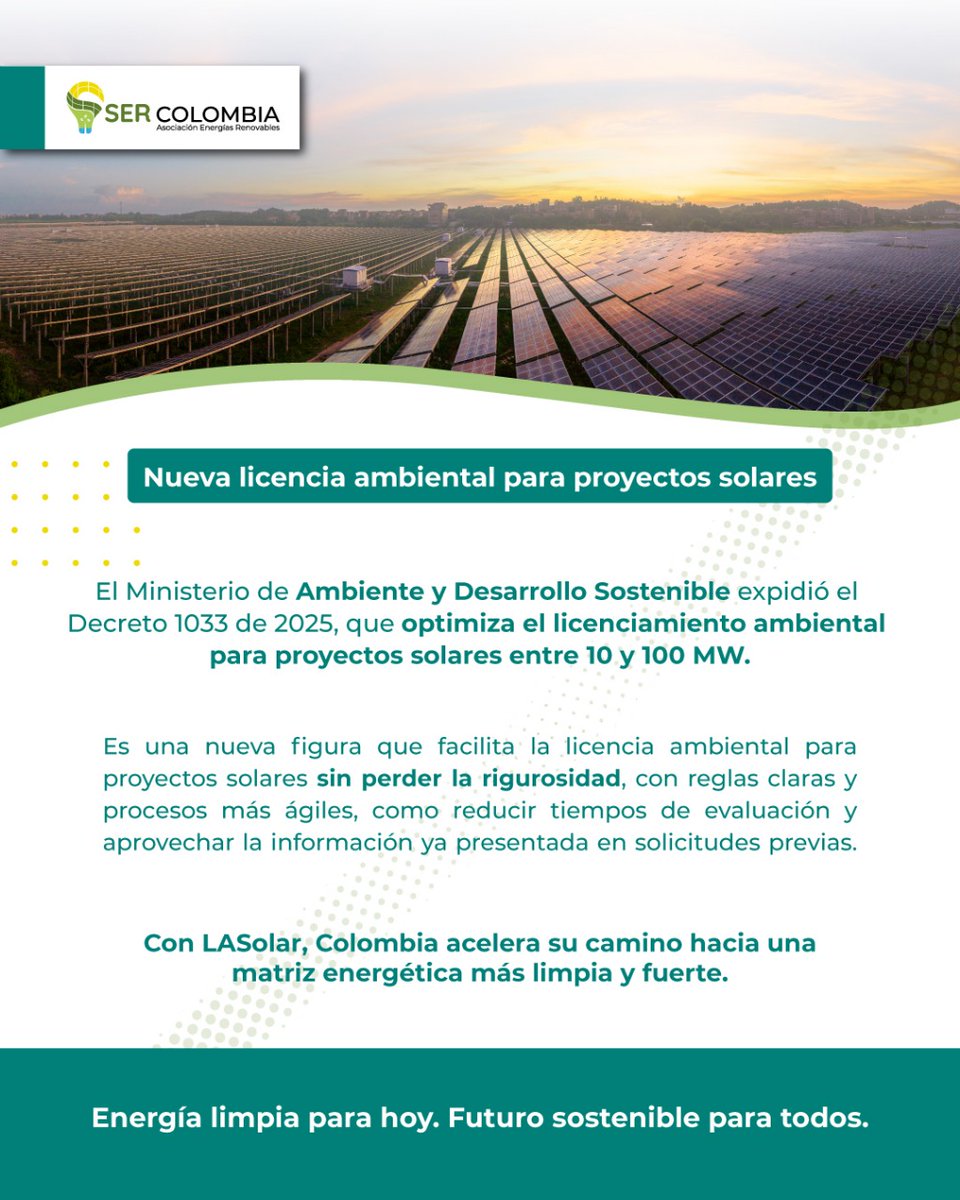 🔔 Buenas noticias para el sector de las energías renovables

Uno de los trámites más importantes para el desarrollo de proyectos será ahora más ágil gracias al Decreto 1033 de 2025 (LASolar), que optimiza el licenciamiento ambiental de proyectos solares entre 10 y 100 MW.

Un