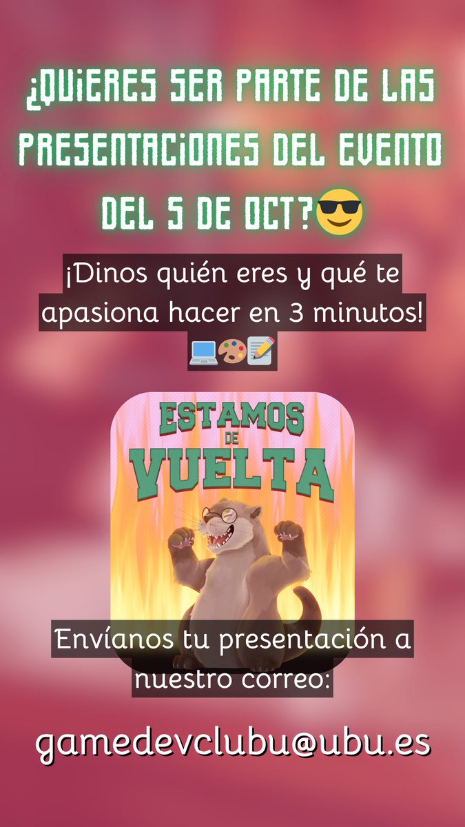 gamedevCLUBU's tweet image. ¿Quieres participar en nuestra ronda de presentaciones en el evento del Domingo?👇🏻👇🏻👇🏻👇🏻👇🏻👇🏻