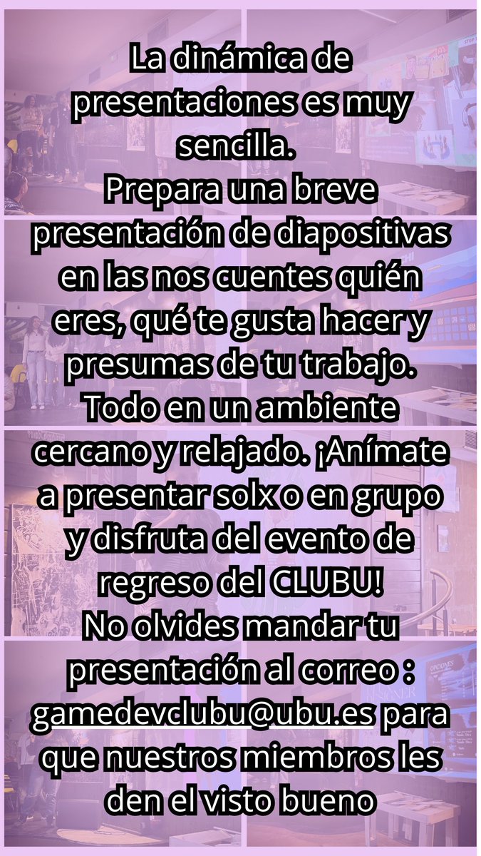 gamedevCLUBU's tweet image. ¿Quieres participar en nuestra ronda de presentaciones en el evento del Domingo?👇🏻👇🏻👇🏻👇🏻👇🏻👇🏻