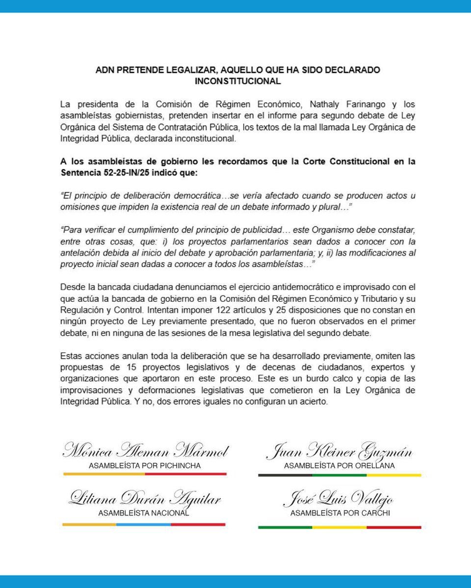 El oficialismo vuelve a las andadas. En la Comis de Régimen Económico intentan revivir la Ley d Integridad Pública, ¡ya declarada inconstitucional por la Corte Constitucional!
122 artículos y 25 disposiciones q nadie debatió.
¿Hasta cuándo burlarse del país?
#EcuadorMereceRespeto