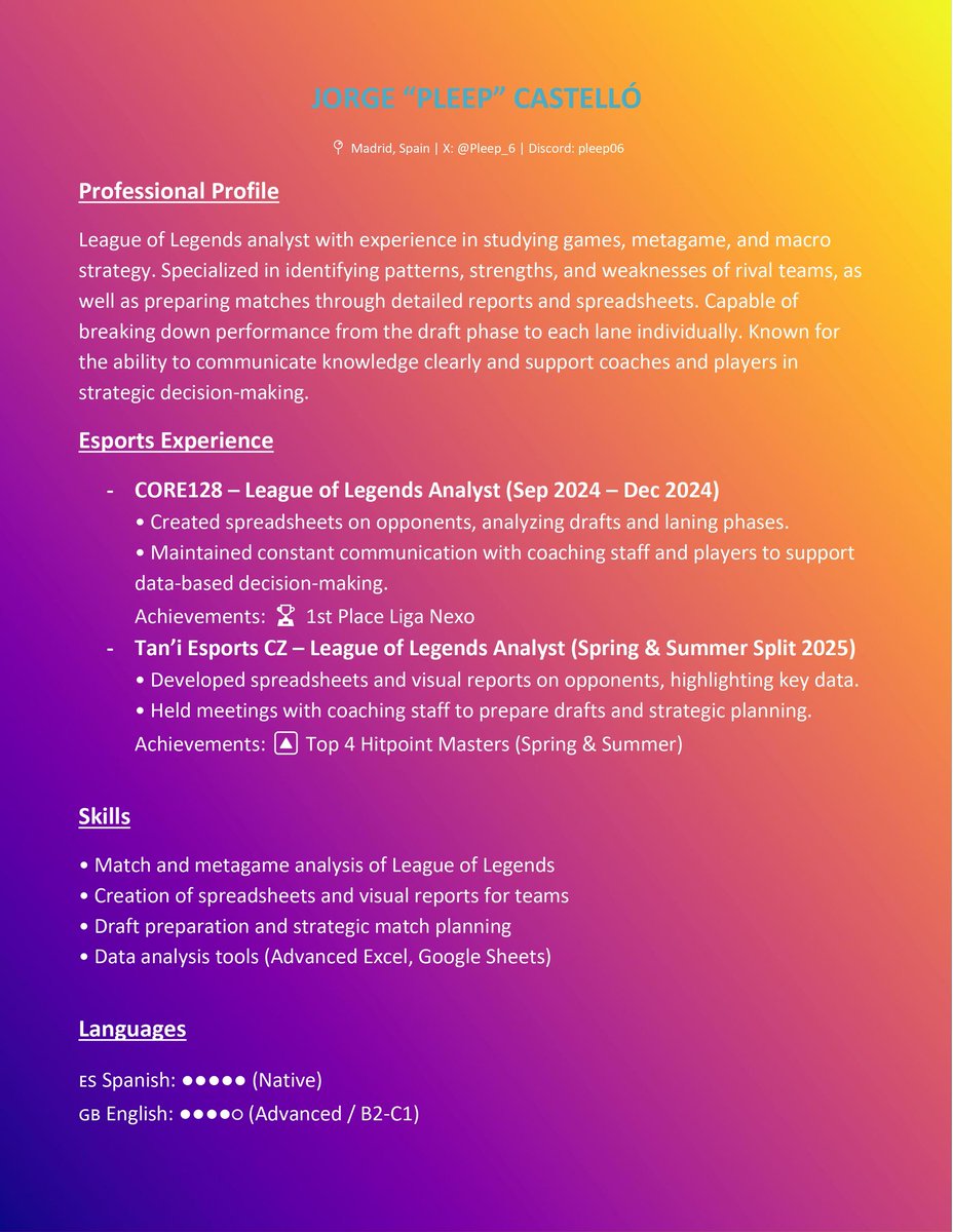 LFT as Scout/Analyst | Focused on ERL1/2, open to other opportunities.
Portfolio &amp; previous work available on request (DM).
📩 Contact: <a href="/pleep_6/">Jorge Castello</a> / Discord: pleep06
References: <a href="/StiflerRamos_/">Stifler</a> <a href="/DeHaro10OP/">H4R0</a>