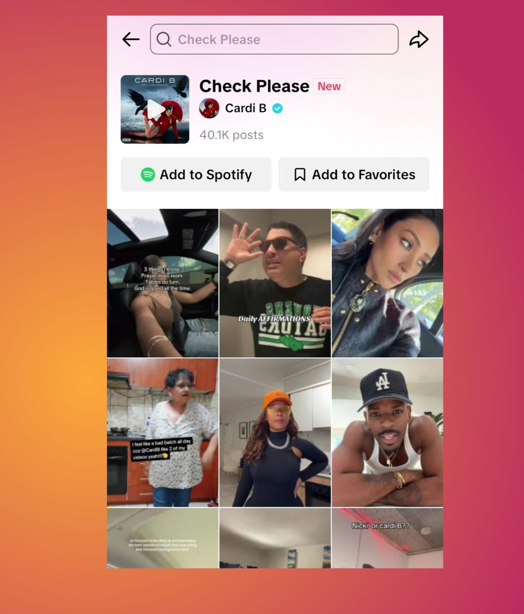 RedMedia_us's tweet image. Cardi B&apos;s &apos;Check Please&apos; is now going viral on Tiktok gaining over 20k videos in the past 72 Hours. (@iamcardib)

It&apos;s the 7th track from &apos;Am I The Drama?&apos; to be viral on the app.