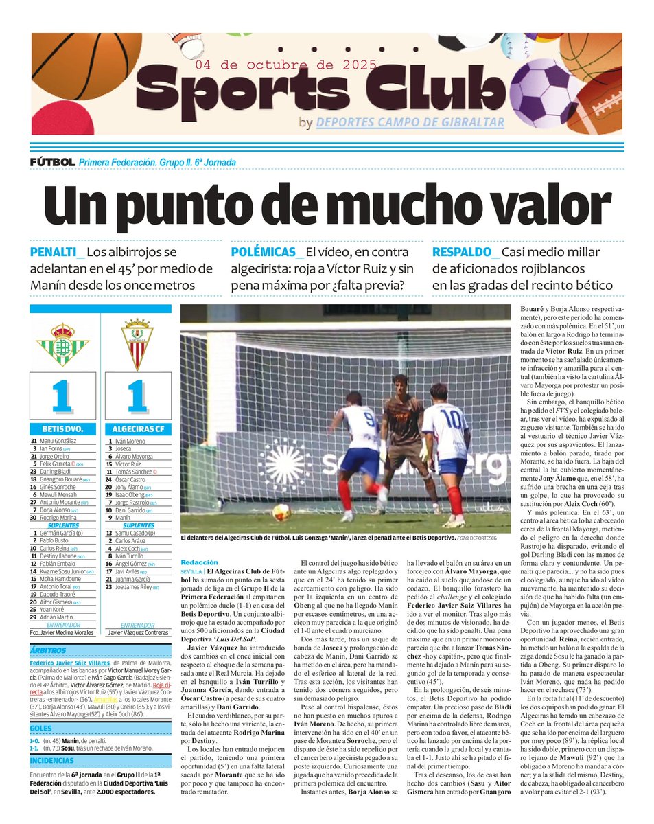deportescg's tweet photo. El @AlgecirasCF saca un punto (1-1) de mucho valor en casa del @RBetisCantera en un partido donde los #albirrojos juegan con diez desde el 55' tras un FVS... que luego anula un claro penalti a los #algeciristas @Primera_RFEF @RFAF @RFAFCadiz #futbol #Algeciras #shira #fyp #Parati https://t.co/kQebhBPFNf