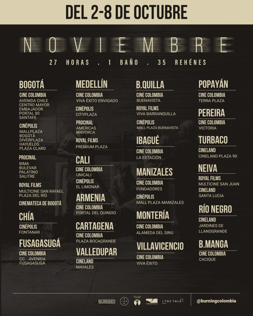 Plan para este fin de semana: ir al cine a ver #PelículaNoviembre, revive uno de los episodios más estremecedores de nuestra historia: la toma y la retoma del Palacio de Justicia. Luego de su estreno mundial en Toronto llega a Colombia esta dosis necesaria de memoria 🍿