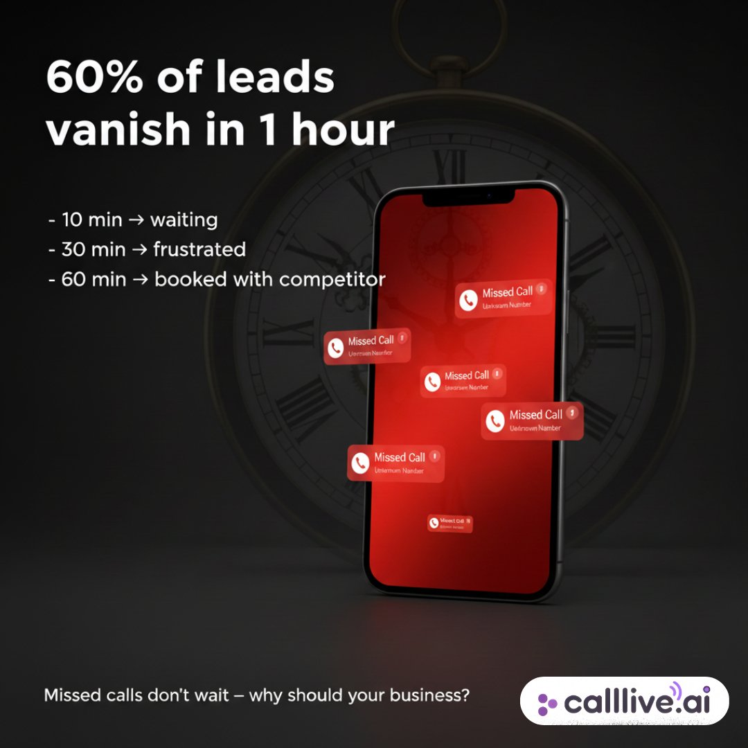 CallLiveAI's tweet photo. 60% of your leads vanish in 1 hour.
85% leads never call again.
Missed calls don’t just lose customers - they lose trust.
That's why we built https://t.co/P8WUCx8Jpe 😎
It answers instantly, Works 24/7, in 10+ languages with Human voice.

Do not miss any lead from now on! https://t.co/0TbMGrOeCP