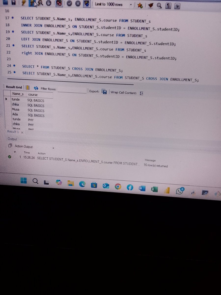 Etty_official's tweet image. Day 9 of #100DaysOfSQL

Today, I deepened my understanding of SQL JOINs. After practicing INNER JOIN, LEFT JOIN, and RIGHT JOIN, I explored CROSS JOIN and studied the concept of FULL OUTER JOIN— which isn’t supported natively in MySQL Workbench, but I now understand how it works.