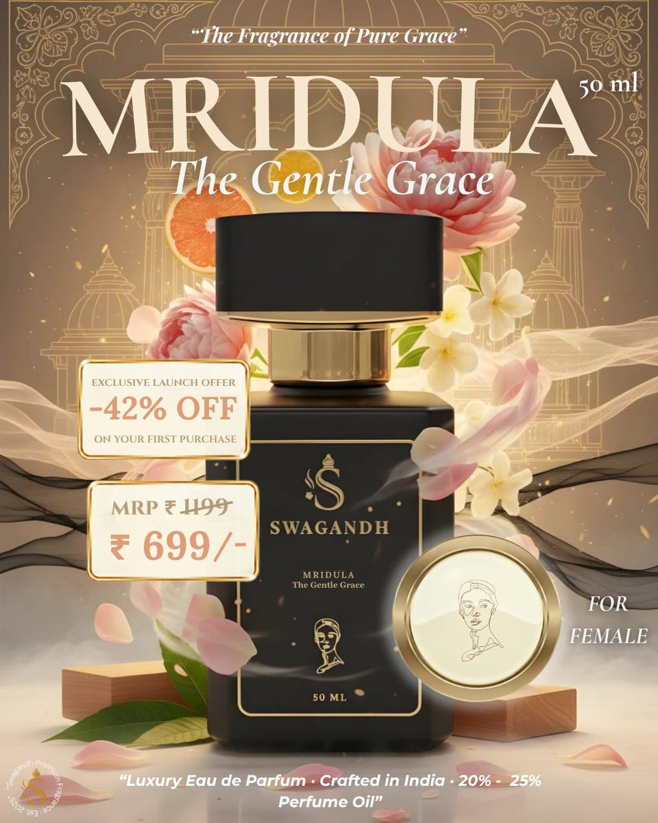 Swagandh's tweet photo. 🌸Introducing MRIDULA-the gentle grace🌸
A fragrance  that whispers elegance,softness and timeless beauty in every breath.
✨Launch offer- just for you ✨
MRP-1199 first order at only 699/-
#swagandh #mridula #perfumelovers #luxuryinbottle #luxuryperfume #madeinindia #viral https://t.co/gWAWychqWr