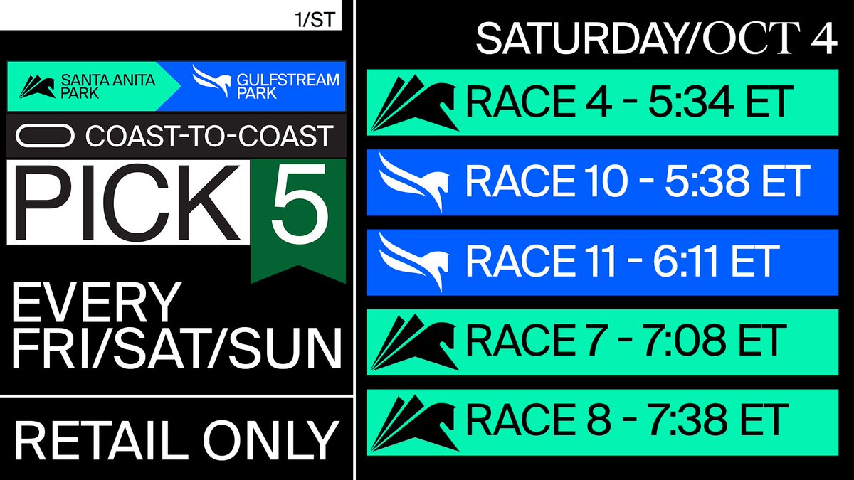 GulfstreamPark's tweet photo. This is the sequence for Saturday's @1st_racing
#Coast2Coast Pick5! Races from @santaanitapark and #GulfstreamPark, $1 Minimum Wager, 15% Takeout, it's a Retail only wager! #SunshineMeet #AutumnMeet https://t.co/PFyN10lTmX