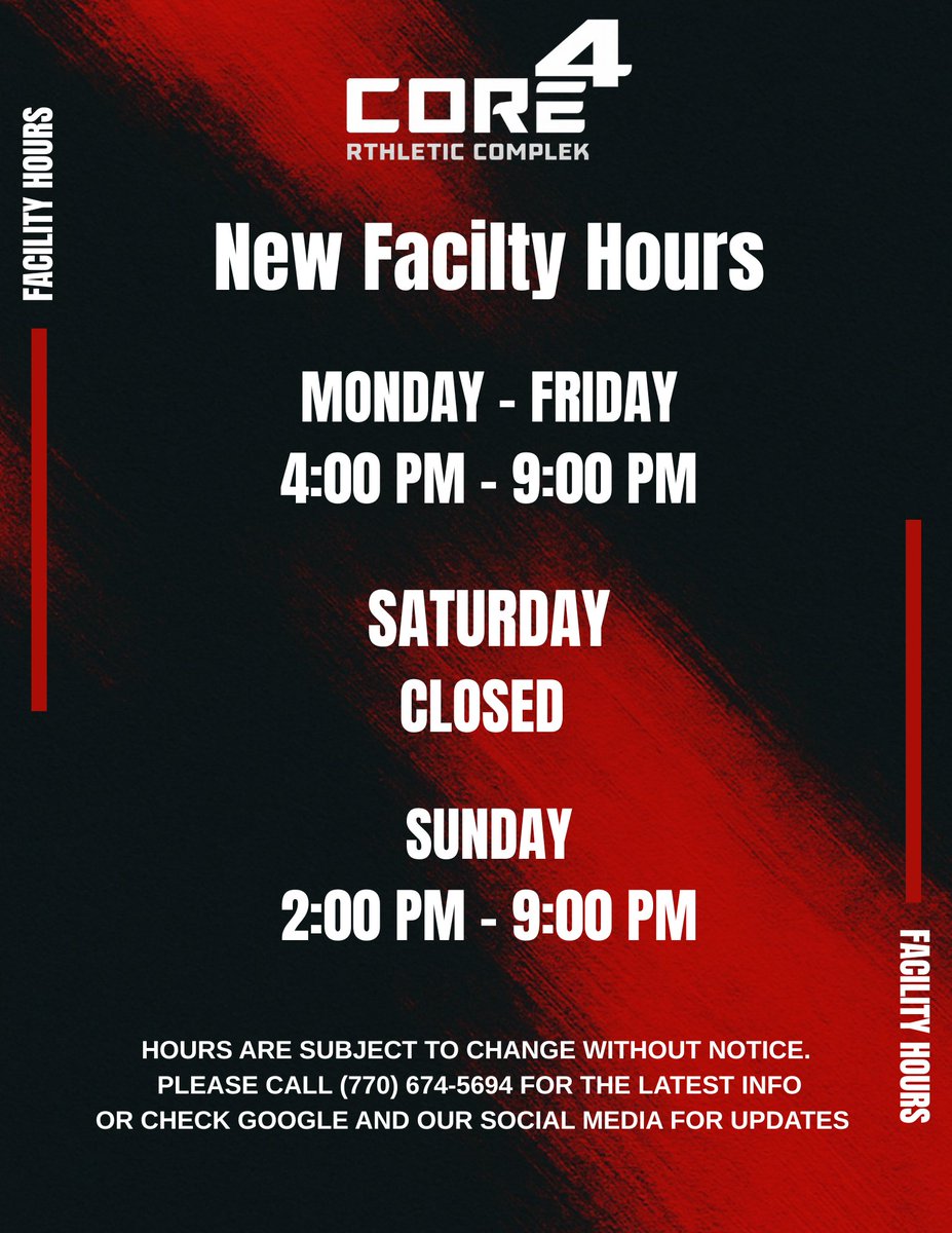 📣 New Facility Hours Alert!
We’ve updated our schedule make sure to plan your workouts and court time accordingly 💪🏽

🏀 Monday–Friday: 4PM–9PM
🚫 Saturday: Closed
🏀 Sunday: 2PM–9PM

#CORE4 #FacilityHours #TrainHard #BasketballLife #AtlantaBasketball #CourtTime #TrainAtCORE4