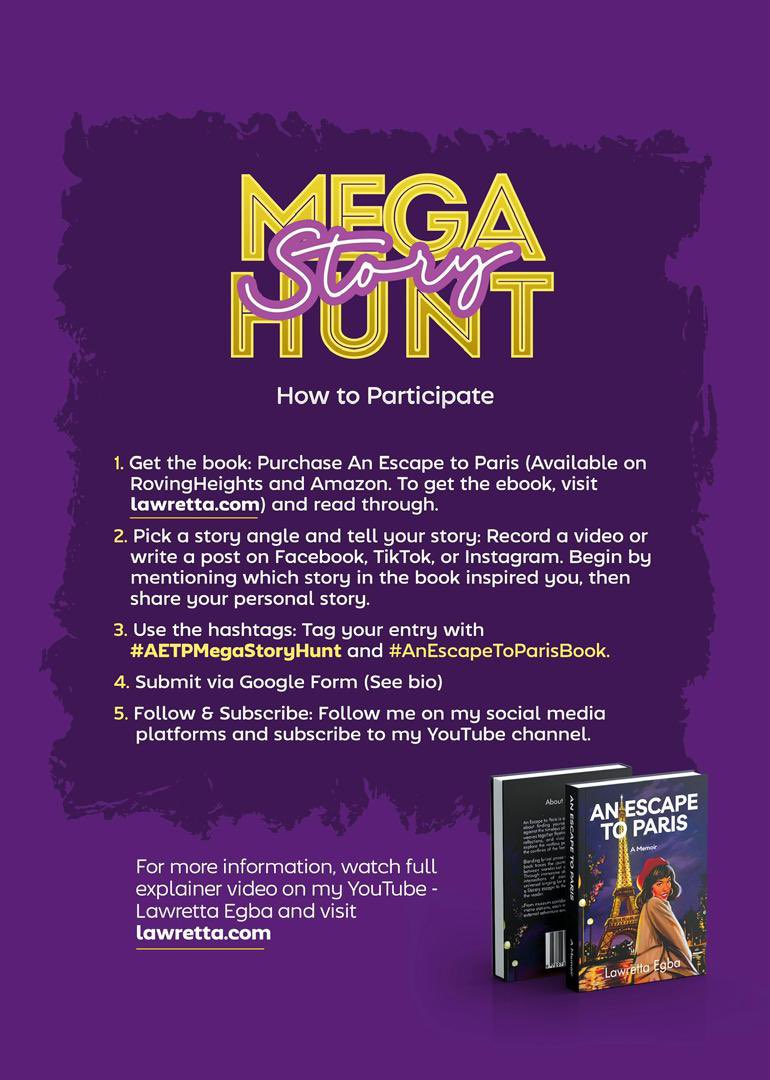 Mrfizzy_10's tweet photo. Your story deserves the spotlight and  even a trip to Paris #AnEscapeToParisBook 🌍

Join the #AETPMegaStoryHunt & acelebrate the power of storytelling.
How it works:
Get An Escape To Paris
Share your personal story
Win a luxury trip and other exclusive experiences

Follow @lawretta_egba and tap the link in her bio to start your journey.