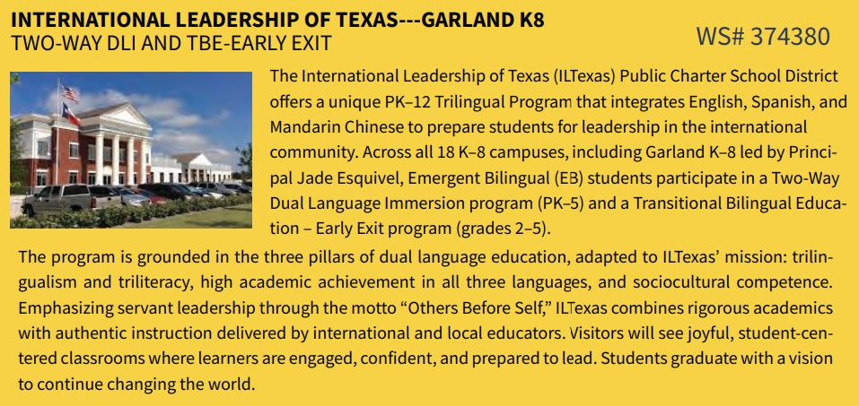 TA4BE's tweet image. Did you know? At #TABE2025, you can dive into outstanding local schools with fantastic #DualLanguage programs, like Garland K8 in ILTexas. Don’t miss out! Register for WS# 374380 now: apps.esc1.net/ProfessionalDe…. More details at tabe.org/tabe2025.