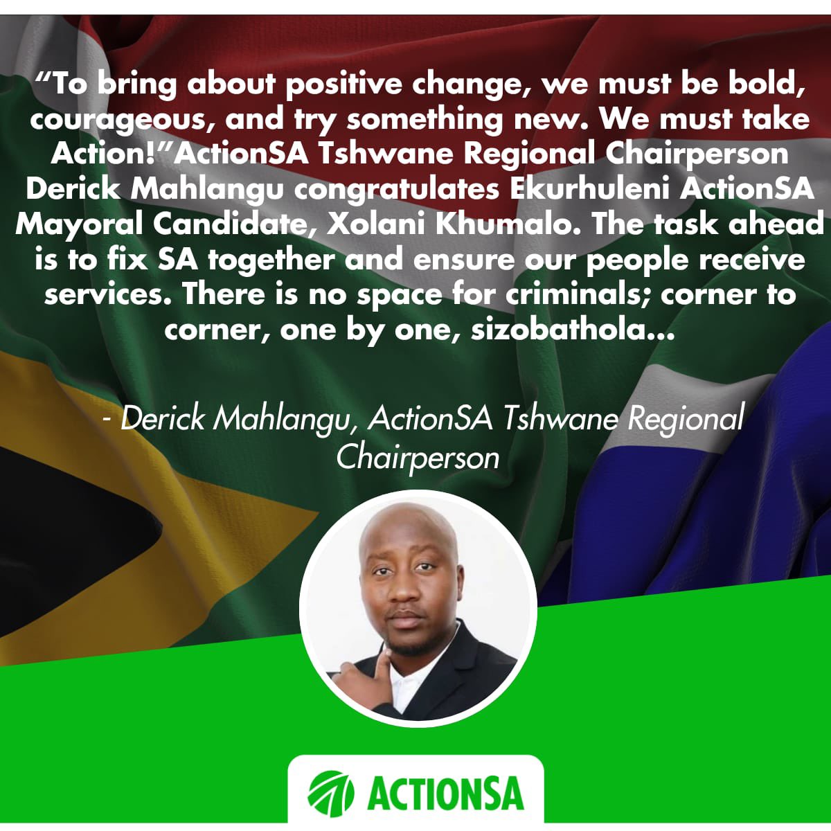 ActionSA Tshwane Region congratulates Xolani Khumalo for being the Ekurhuleni Mayoral Candidate. 

ActionSA indeed leads! 💚