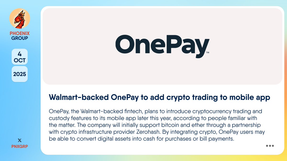 🔥 @Walmart -backed @joinonepay to add crypto trading to mobile app #OnePay,  the #Walmart-backed fintech, plans to introduce cryptocurrency trading and  custody features to its mobile app later this year, according to