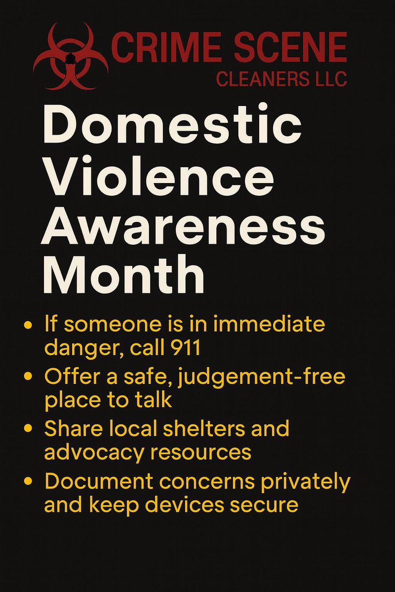 LlcCrime's tweet image. Crime Scene Cleaners KC | Domestic Violence Awareness Month in Kansas City

Everyone deserves to feel safe at home. This October, check in on friends and neighbors, learn the signs, and save local resources.

#kansascity #csckc #crimescenecleaners #missouri #kansascitymo
