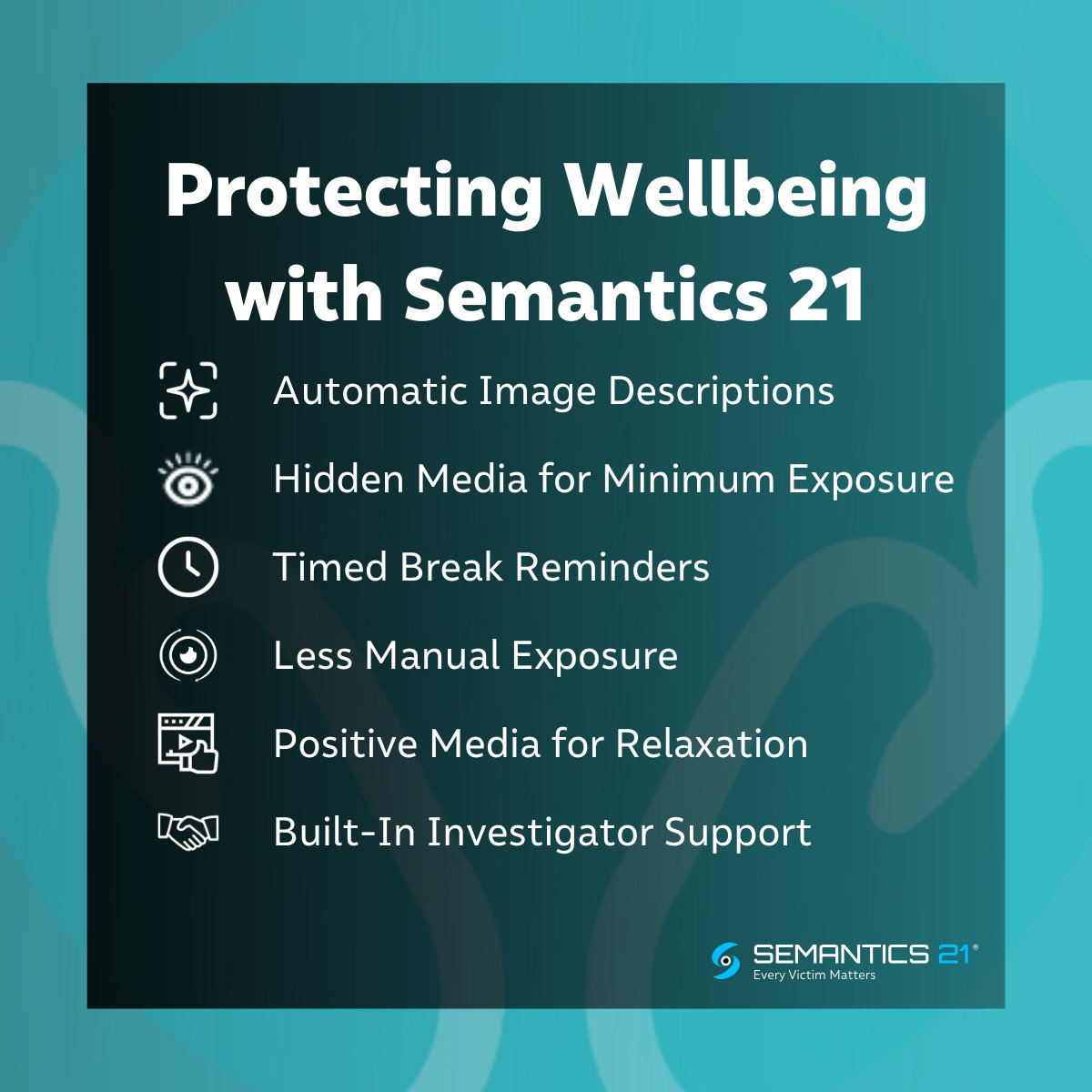 Semantics21's tweet image. Investigators see what no one should.
One in twenty emergency staff attempt suicide.
S21 Investigator Wellbeing Monitor tracks exposure, shows personal stats, and gives managers tools to act early. Heroes are not immune, and they should not be left unprotected.