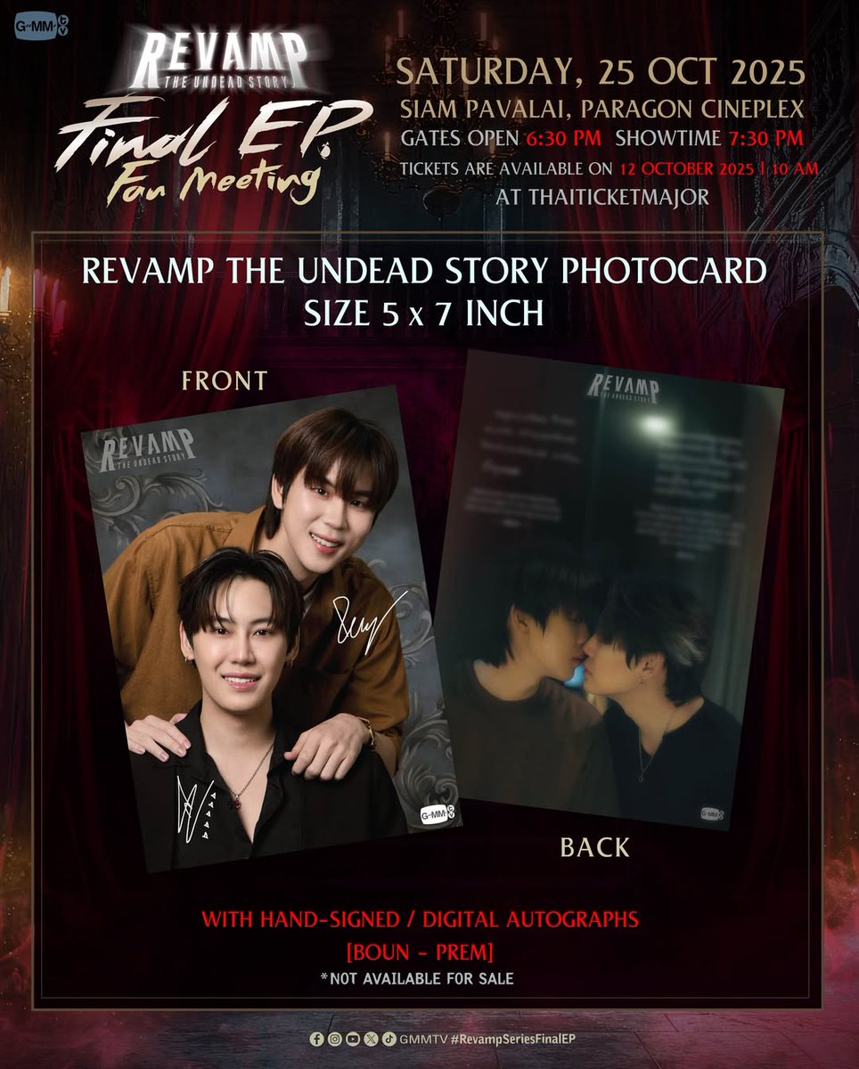 💌 04.10.2025
IG update : gmmtv

REVAMP THE UNDEAD STORY Final EP. FAN MEETING 🪞🕯️ 

BOUNPREM REVAMP EP7 
#RevampSeriesEP7

มาร่วมชมตอนจบของซีรีส์ไปพร้อมกับนักแสดงและผู้กำกับ พร้อมสนุกไปกับโชว์สุดพิเศษจากนักแสดง! 

📍SAT, 25 OCT 2025 6th Fl. Siam Paragon - Siam Pavalai, Paragon