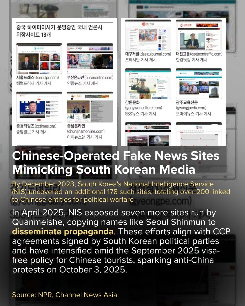 200+ fake news sites run by China are flooding South Korea with propaganda while the government silences real journalists.

Foreign interference + domestic oppression = the perfect storm for destroying democracy.