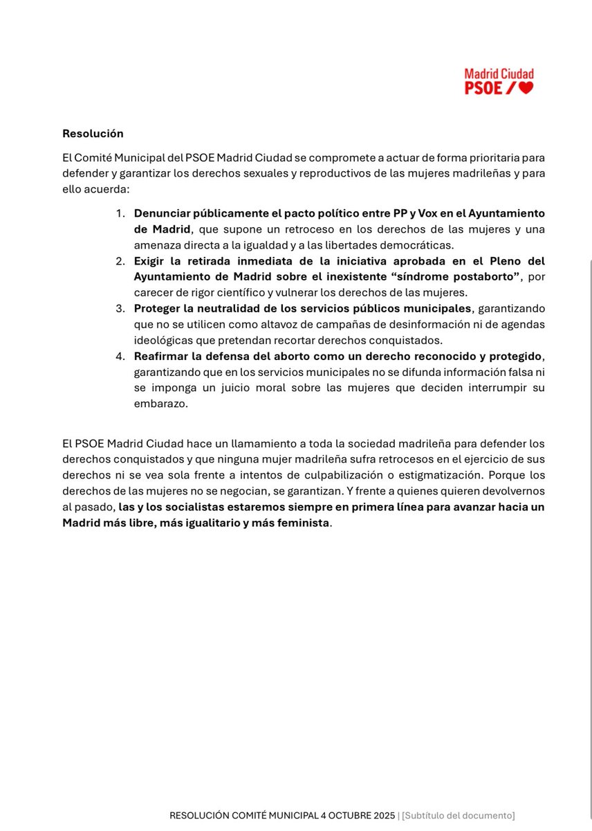 El Comité Municipal del PSOE Madrid Ciudad ha aprobado esta mañana la Resolución por un Madrid feminista que garantice los derechos de las mujeres.

📝 Consulta aquí el documento completo.