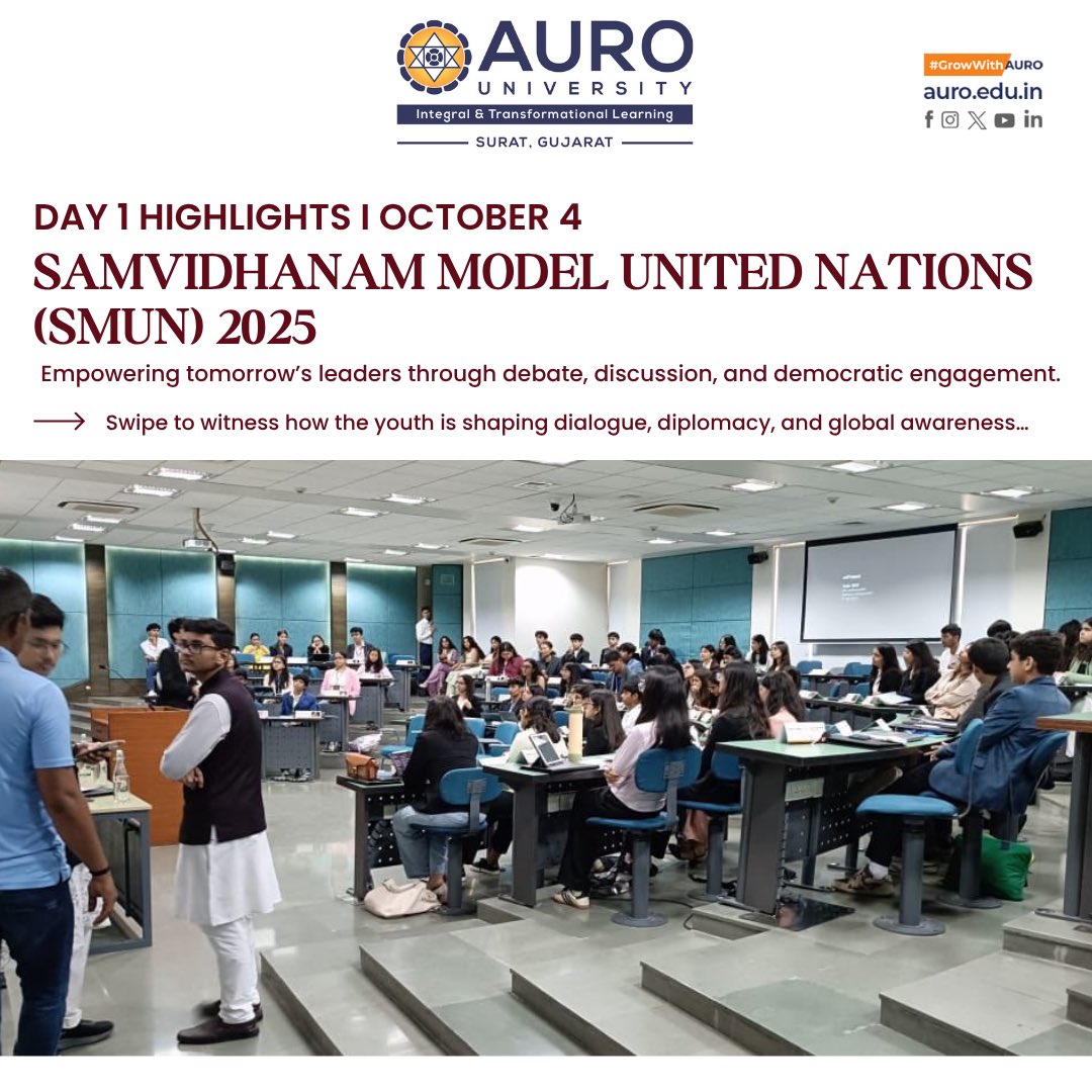 AURO University was honoured to host Day 1 of #smun2025 as the Venue &amp; Knowledge Partner, uniting young changemakers in dialogue, diplomacy &amp; democratic ideals.

Guest of Honour Smt. Prachi Sanghvi inspired delegates to lead with clarity, compassion &amp; conviction. 
#auro #smun2025