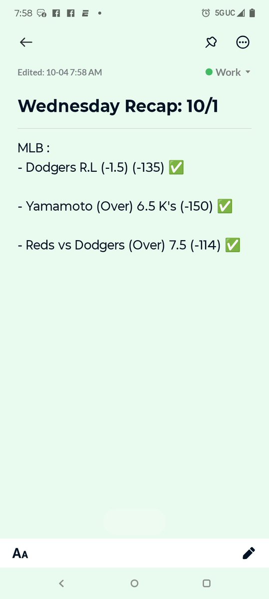 Wednesday Recap – 10/1 💰🔥

⚾️ MLB Results:

✅ Dodgers R.L (-1.5) (-135)
✅ Yamamoto O6.5 K’s (-150)
✅ Reds vs Dodgers O7.5 (-114)

Clean sweep on the diamond 🧹💵
•
•
•
#MLBPicks #SportsBetting #GamblingTwitter #BettingCommunity #MLB #BaseballBets #SharpPlays #SportsBettor
