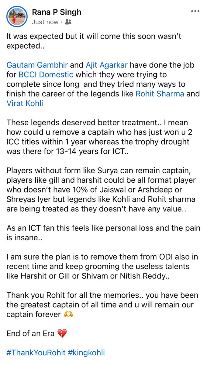 IamRanaPSingh's tweet image. The greatest captain of Indian team has been removed by the jokers @imAagarkar and @GautamGambhir under @BCCI and I am sure they are in plan to remove @ImRo45 and @imVkohli from the team as well.. end if an era for the real ICT Fans 💔 

They deserves better