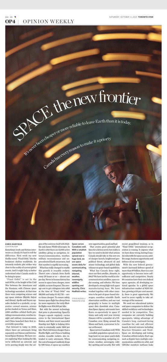 SteveRussell's tweet image. Nice surprise this morning to see my portraits of @Cmdr_Hadfield accompanying his opinion piece in today’s @TorontoStar.
#chrishatfield #toinfinityandbeyond