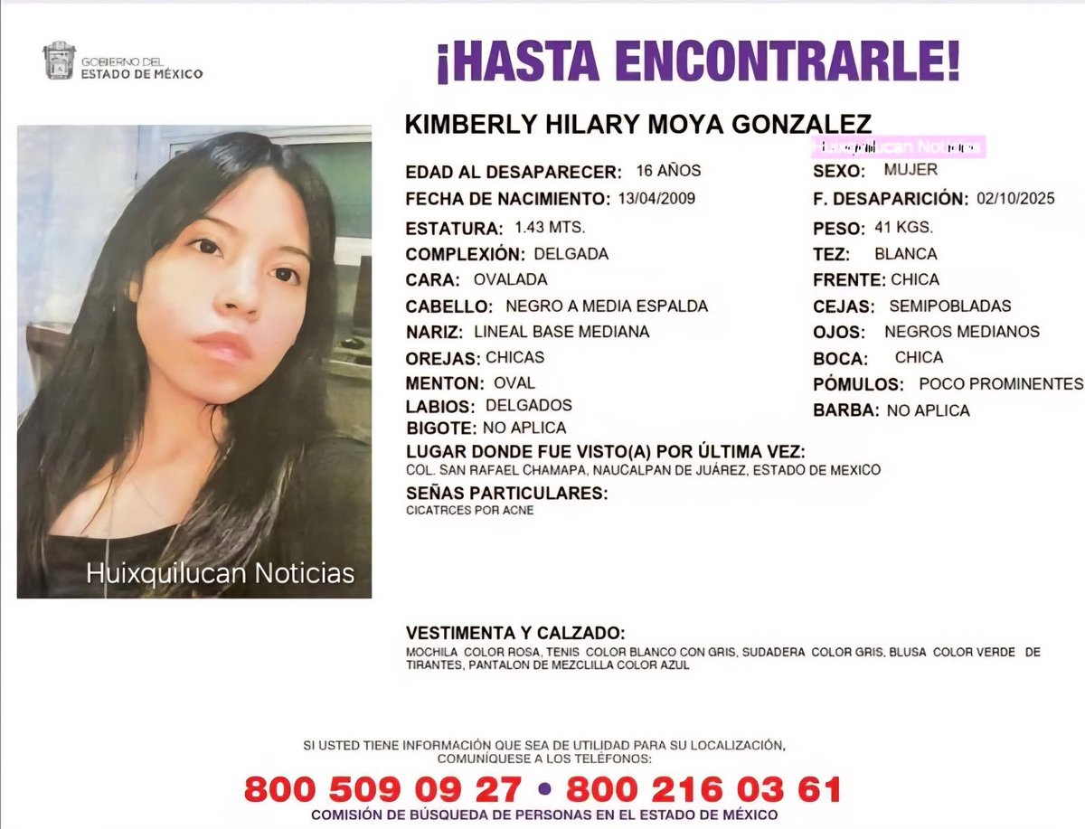 📢📢AYUDA URGENTE📢📢
El jueves Kimberly salió de casa en Naucalpan a sacar copias para su tarea, ya no regresó. En la medida de que podamos difundir su ficha y hagamos lo que esté en nuestras manos, ella podrá volver con su familia.