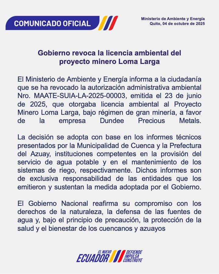 _REDInformativa's tweet photo. A través de este comunicado, el gobierno nacional anuncia que hay revocado la licencia ambiental del proyecto Loma Larga. https://t.co/LC9S1vUOD9