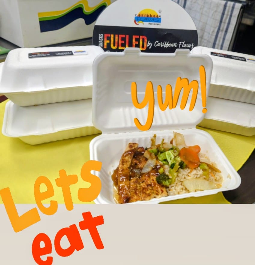 Thank Andrew for your support and for choosing  Caribbean Flavas.

* Asian stir fry style chicken 
* Asian stir fry style vegetables 
* Toss salad with olive, tomato and creamy dressing 
* Mama's warm chocolate brownie.
We can't wait to welcome u again to come taste d'Island life