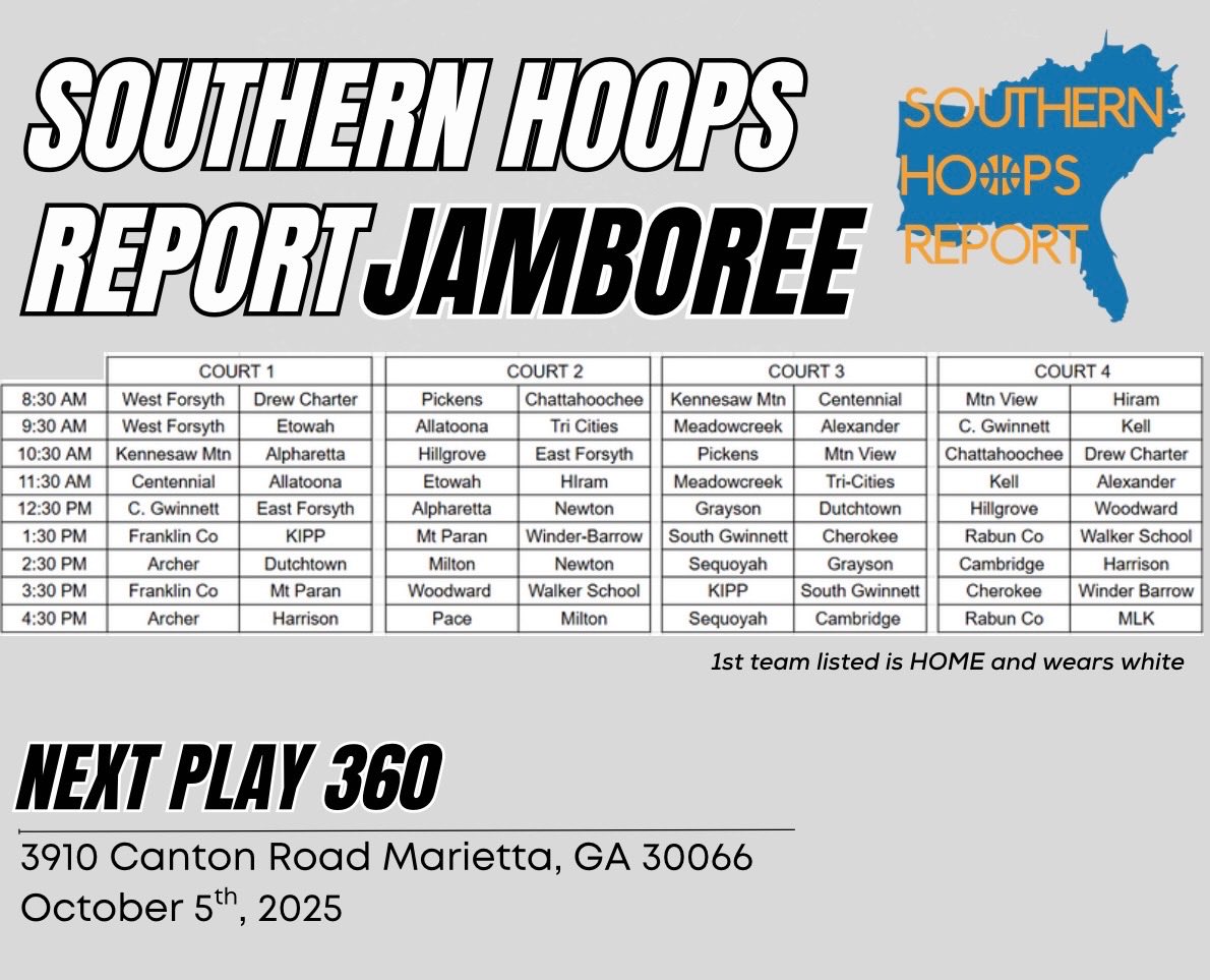 The <a href="/SHReport/">SouthernHoopsReport</a> Jamboree 
🗓️THIS SUNDAY Oct 5th
📍Next Play 360

10:30am Matchups

<a href="/KMHSBB/">Brian Fisher</a> v <a href="/ahsraidersbball/">AHS Basketball</a> 

<a href="/HillgroveMBB/">Hillgrove MBB</a> v <a href="/EastForsyth_MBB/">East Forsyth Men’s Basketball</a> 

<a href="/pickensbball/">Pickens Basketball</a> v <a href="/MVHSBearsBB/">MVHSBearsBB</a> 

<a href="/HoochHoops/">Hooch Hoops</a> vs <a href="/hoops_drew/">DrewCityHoops!</a>
