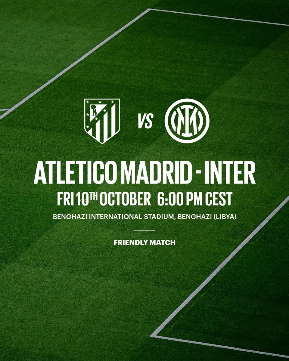 Pendant la trêve internationale, l'Inter affrontera l'Atletico en amical le vendredi 10 octobre à 18h00.

Le match, qui se disputera sous le patronage du Fonds de développement et de reconstruction de la Libye (FDRL), aura lieu à Benghazi , en Libye, au stade international de