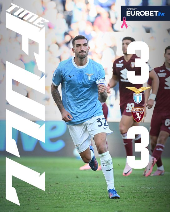 A soccer player in a light blue jersey with the number 32, running on a field. The jersey has the Lazio logo. Two other players are visible, one in a maroon jersey with the Torino logo and another in a light blue Lazio jersey. Text overlays show "FT | 3-3," "Lazio," "3," "Torino," and "3," with the Eurobet logo and a pink ribbon.