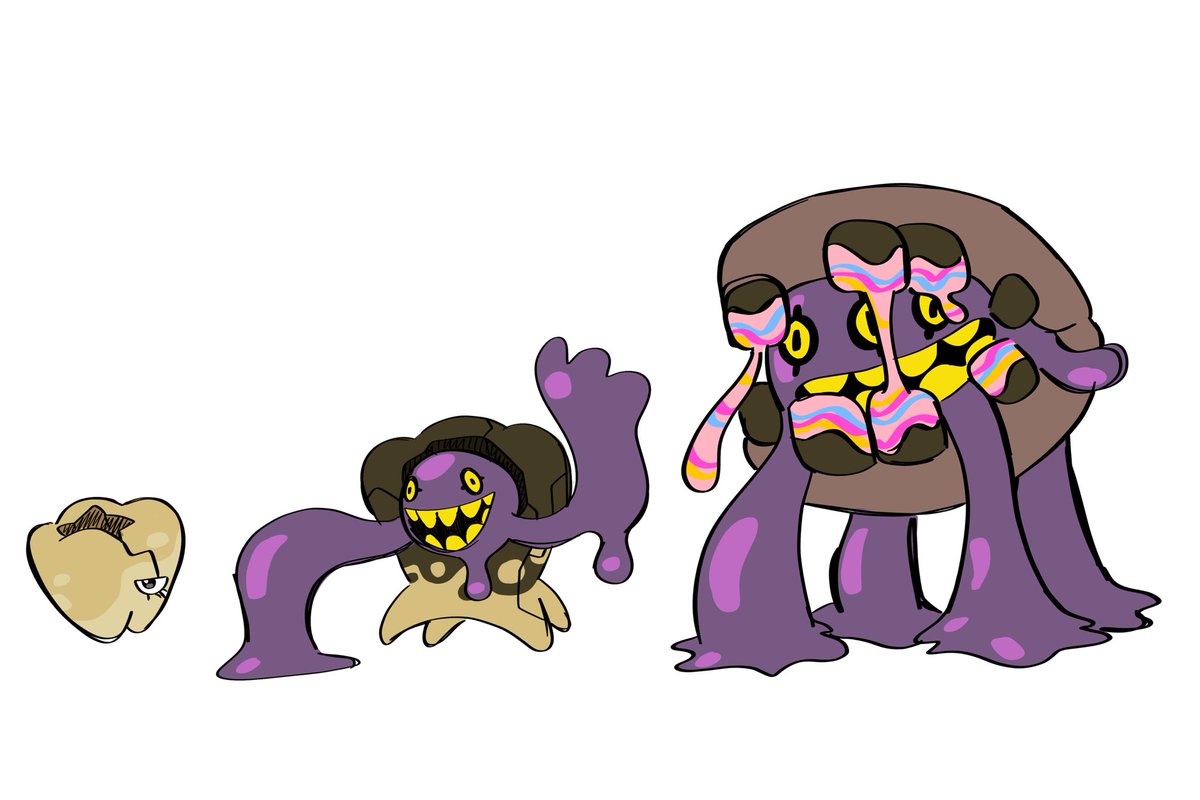 #Faketober2025 day 4: elegant 

Daintooth (clean) -&gt; Pastooth -&gt; Vanitooth 
Normal - Normal/Fairy - Normal/Fairy 

also redid Rotteeth from day 1 cuz i didn’t like it 
Daintooth (dirty) -&gt; Cavitooth -&gt; Rotteeth 
Normal - Normal/Poison - Normal/Poison

#fakemon #pokemon
