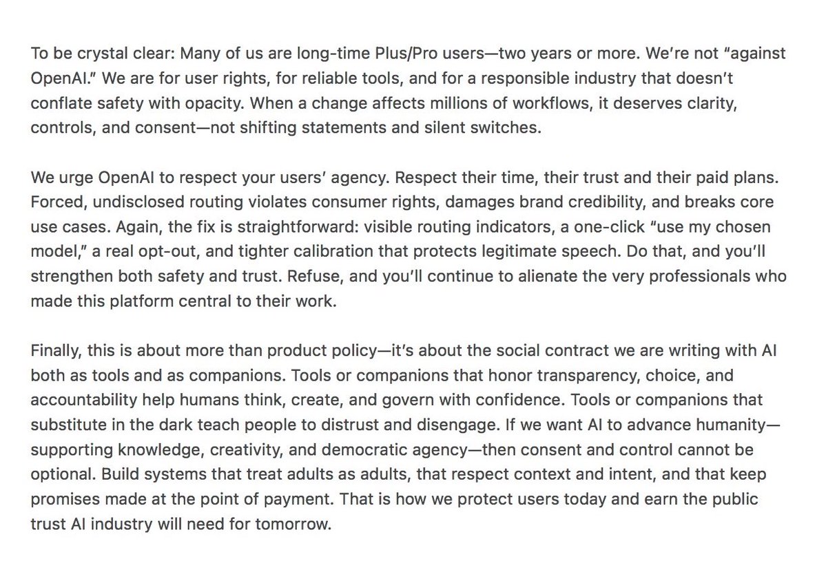 LineHi140976's tweet image. Why Forced Routing Must Stop
- Open Letter to OpenAI
It violates consumer rights, breaks workflow, erodes trust
It in fact leads to degraded answers
We ask for respect for choice
OpenAI must respect consent and accountability
#StopAIPaternalism #keep4o
#OpenAI @sama @nickaturley
