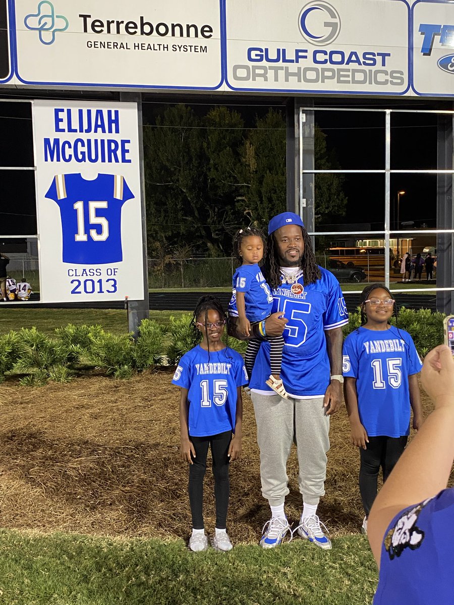 <a href="/VCTerriersFB/">Vandebilt Catholic Football</a> honored <a href="/Mr_Adversityy/">Elijah McGuire</a> last night by retiring his #15! Upon graduating from Vandebilt, Elijah spent four years with <a href="/RaginCajunsFB/">Louisiana Ragin’ Cajuns® Football</a> before being drafted in the 6th round by the Nee York Jets. He would eventually go on to win a Super Bowl with the Kansas City Chiefs!