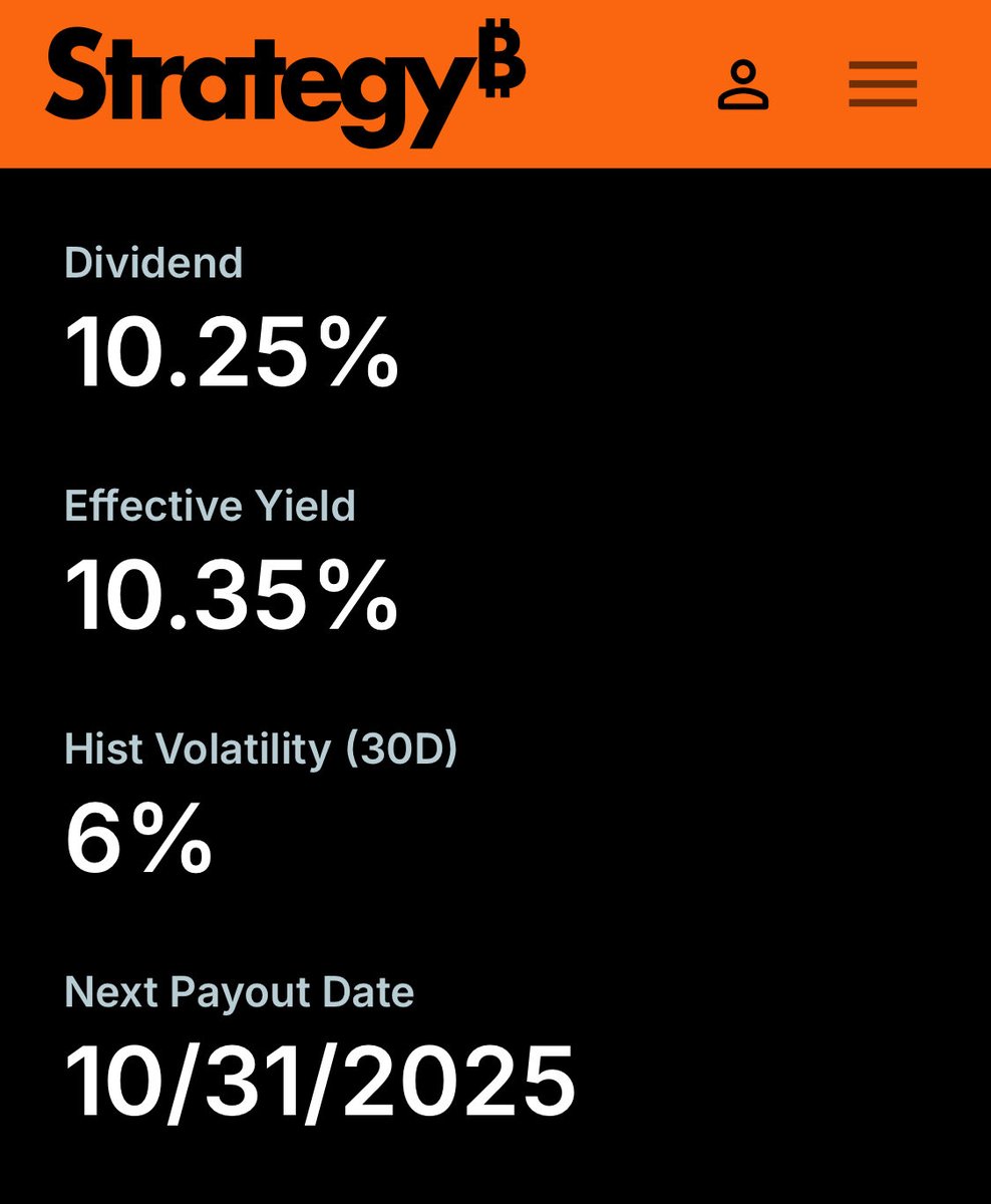 StrategyBTC dividend yield screenshot showing 10.25% dividend, 10.35% effective yield, 6% volatility, and next payout on 10/31/2025